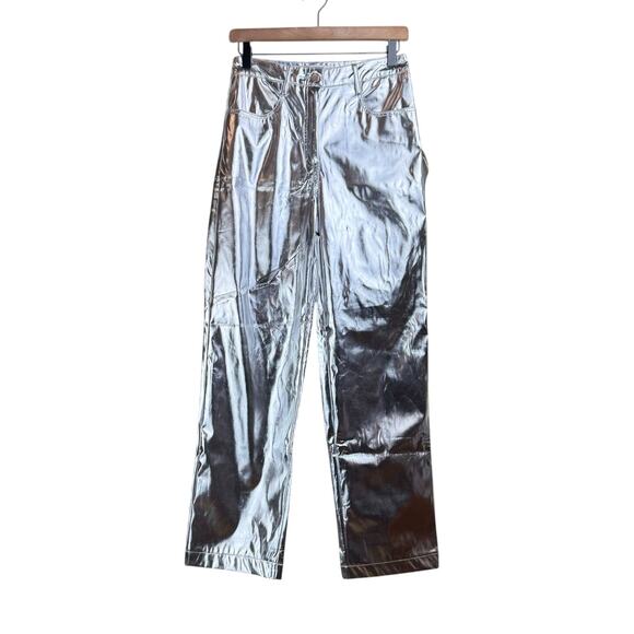 AMYLYNN NWT  Womens Lupe Silvery Metallic Straight Leg High Rise Trouser Pants - Picture 1 of 10
